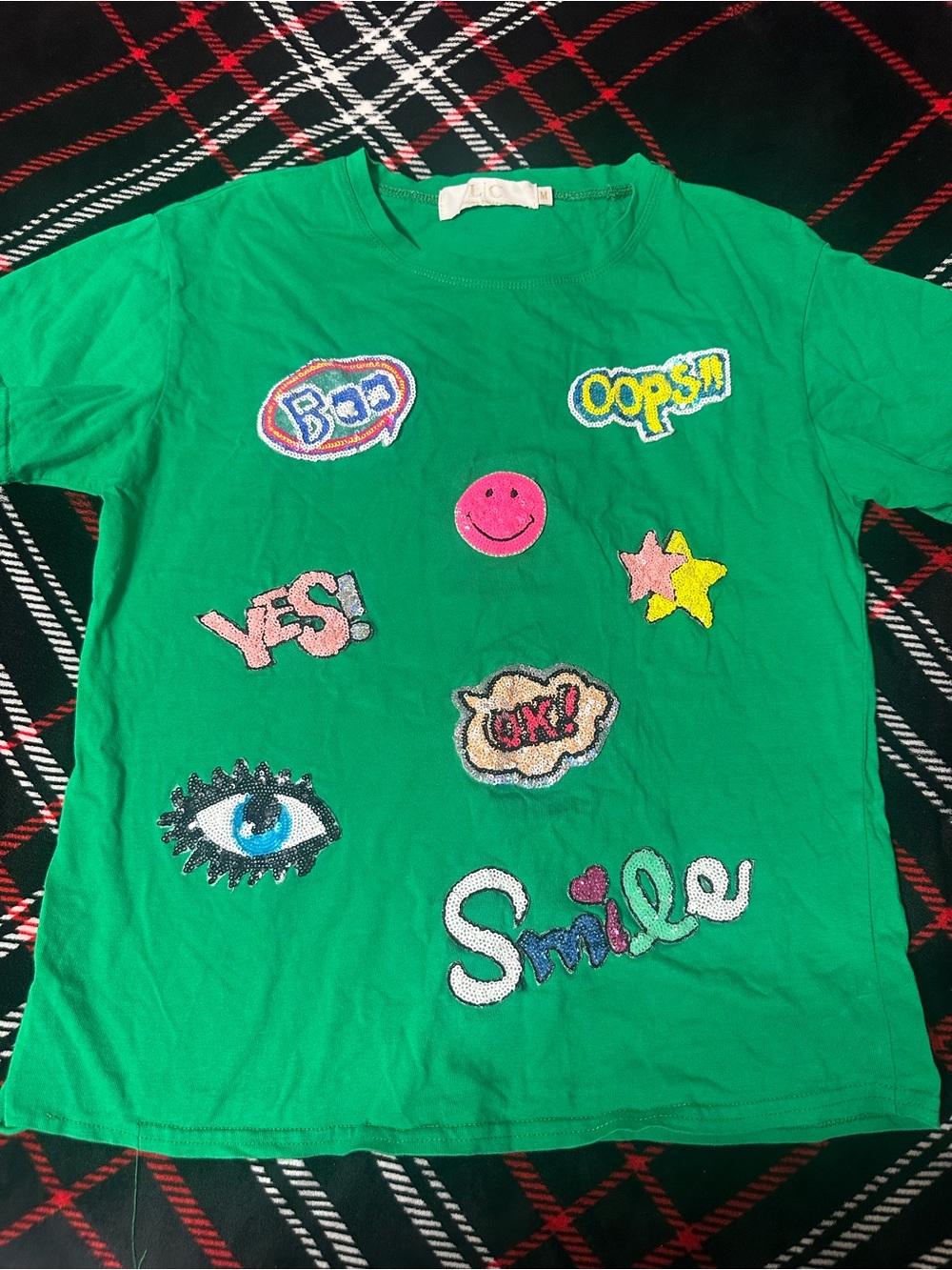 Green Graphic Tank Top with Smile & Patches